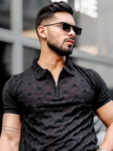 DIAMOND KNIT BLACK SLIM POLO T-SHIRT