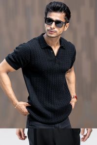 RIBBED KNIT BLACK POLO T-SHIRT