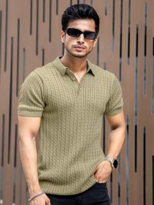 RIBBED KNIT LIGHT GREEN POLO T-SHIRT