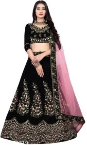 Black Embroidered Velvet Lehenga Choli For Women