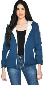 Blue Printed Woolen Fur Jacket For Women