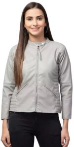 Faux Leather Biker Jacket for Women in Grey