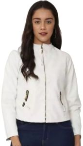 Full Sleeve PU Leather Biker Winter Jacket In White