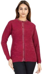 Full Sleeve Solid Woolen Cardigan-Crimson