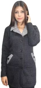 Full Sleeve Woolen Collared Over Coat-Black