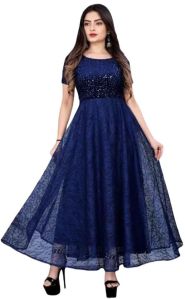 Fully Stitched Embellished Flared Net Gown-Blue