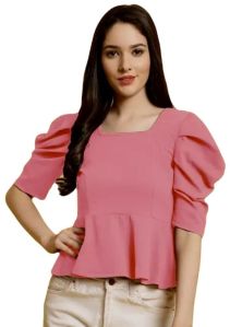 Highlife Fashionn Puff Sleeve Solid Pink Peplum Top