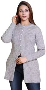 Knitted Design Full Sleeve Long Cardigan-Light Grey