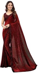 Party Wear Self Design Lycra Saree In Maroon