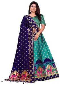 Party Wear Semi-Stitched Green Blue Lehenga Choli