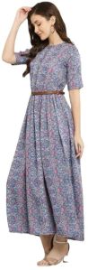 Printed Short Sleeve Poly Crepe Flared Gown-Multicolor