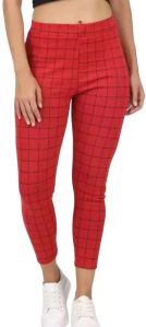 Red Checkered Cotton Blend Jegging