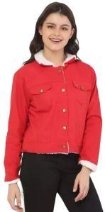 Red Solid Woolen Denim Jacket For Women