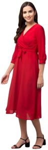 Solid 3/4 Sleeve Daily Wear Poly Crepe Skater Dress -Red