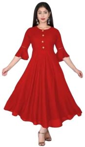 Solid Bell Sleeve Rayon Full Length Gown-Red