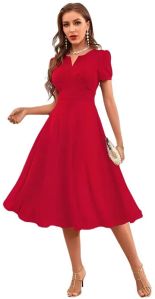 Solid Short Sleeve Party Wear Polyester A-line Dress -Red