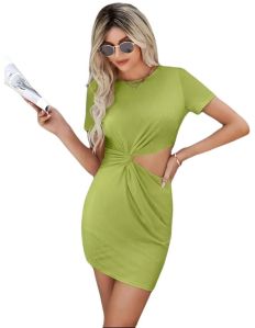 Solid Short Sleeve Party Wear Polyester Mini Bodycon Dress-Lime Green