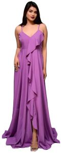 purple solid sleeveless party wear polyester bridesmaid dress