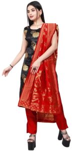 Un-stitched Zari Woven Salwar Suit Dress Material In Black Red