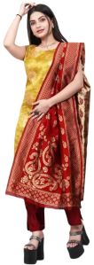 Un-stitched Zari Woven Salwar Suit Dress Material In Yellow Red