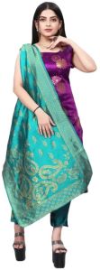 Un-stitched Zari Woven Salwar Suit Dress Material In Magenta Green