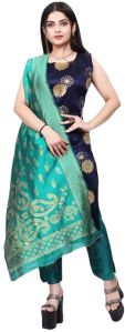 Un-stitched Zari Woven Salwar Suit Dress Material In Navy Blue Green