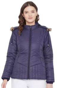 Winter Wear Solid Parka Ladies Jacket In Navy Blue