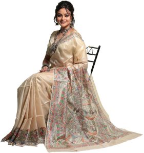 Block Print Bhagalpuri Tussar Silk Madhubani Work Saree