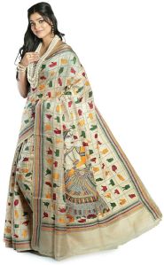 Women's Pure Tussar Silk Handwork Kantha Stitch Saree