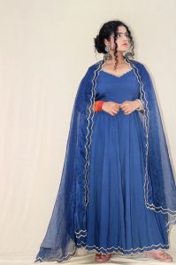 Blue Embroidered Cotton Anarkali Kurti