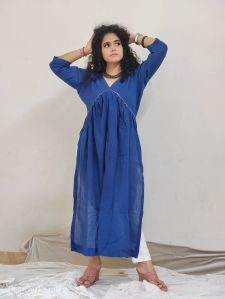 Blue Gathered Cotton Kurta