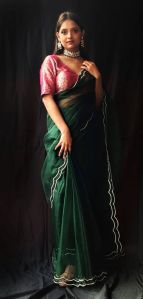 Bottle Green Organza Draped Saree