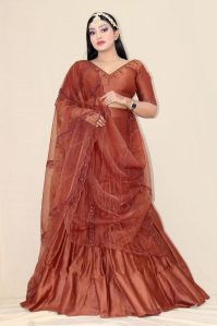 Brown Hand Embroidery Kalidar Lehenga Set