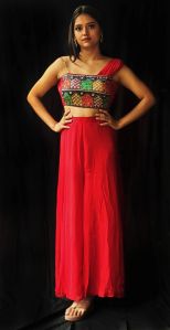 Red One Shoulder Hand Embroidered Crop Top