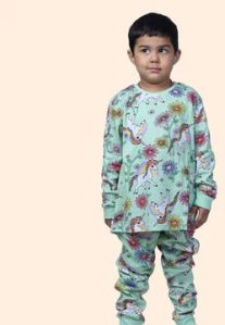 BOY'S UNICORN & FLORAL PRINTED FULL SLEEVE NIGHT SUIT - GREEN