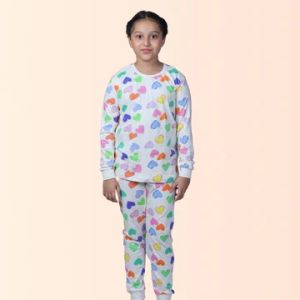 GIRL'S MULTICOLOR HEARTS PRINTED FULL SLEEVE NIGHT SUIT- WHITE