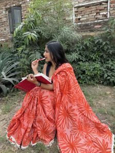 Blooming Red Cotton Chanderi Saree