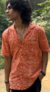 Mens Orange Printed Cuban Collar Shirt