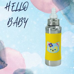 Voik Vega Silicone Sleeve Yellow Cat Print Baby Feeding Bottle 240ml
