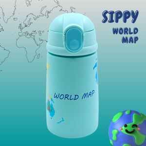 Voik Sippy World Map Stainless Steel Water Bottle with Straw