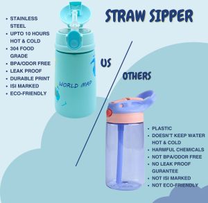 Voik Sippy World Map Stainless Steel Water Bottle with Straw
