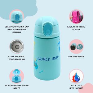 Voik Sippy World Map Stainless Steel Water Bottle with Straw