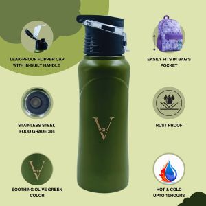 Voik Curve Matte Green Stainless Steel Water Bottle 500ml
