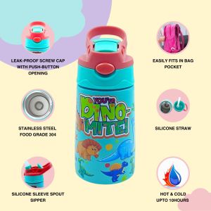 Voik Sippy Dino Mite Stainless Steel Water Bottle with Straw