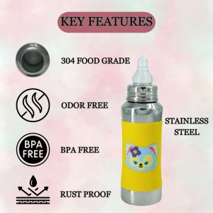 Voik Vega Silicone Sleeve Yellow Cat Print Baby Feeding Bottle 240ml