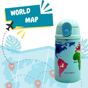 Voik Sippy World Map Stainless Steel Water Bottle with Straw