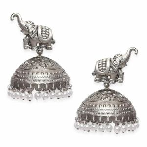 silver plated elephant Jhumka with pearls_ earring_Jewellery