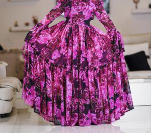 Chiffon Flora Print Full Sleeve Gown