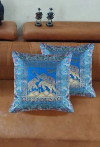 Indian Ethnic Brocade Blue Silk Cushion Cover