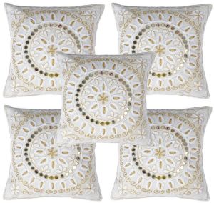 Handmade Mandala White Gold Wool Embroidery Cushion Covers